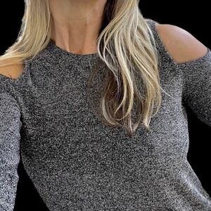 Michael Kors Long-sleeved Black & Silver Sparkle Top with Cold Shoulder Size S